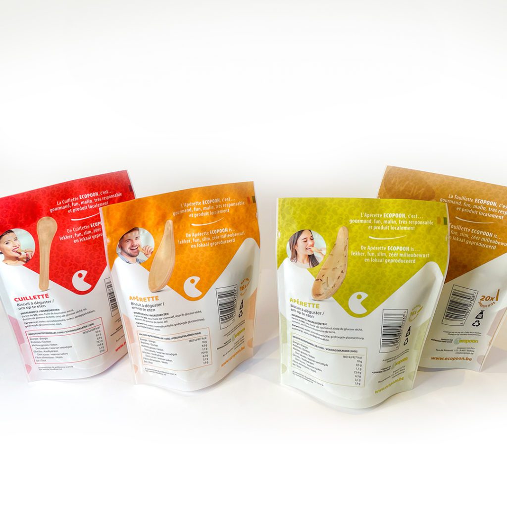Packaging Ecopoon avec logo Pac-Man stylisé et couleurs distinctives par gamme