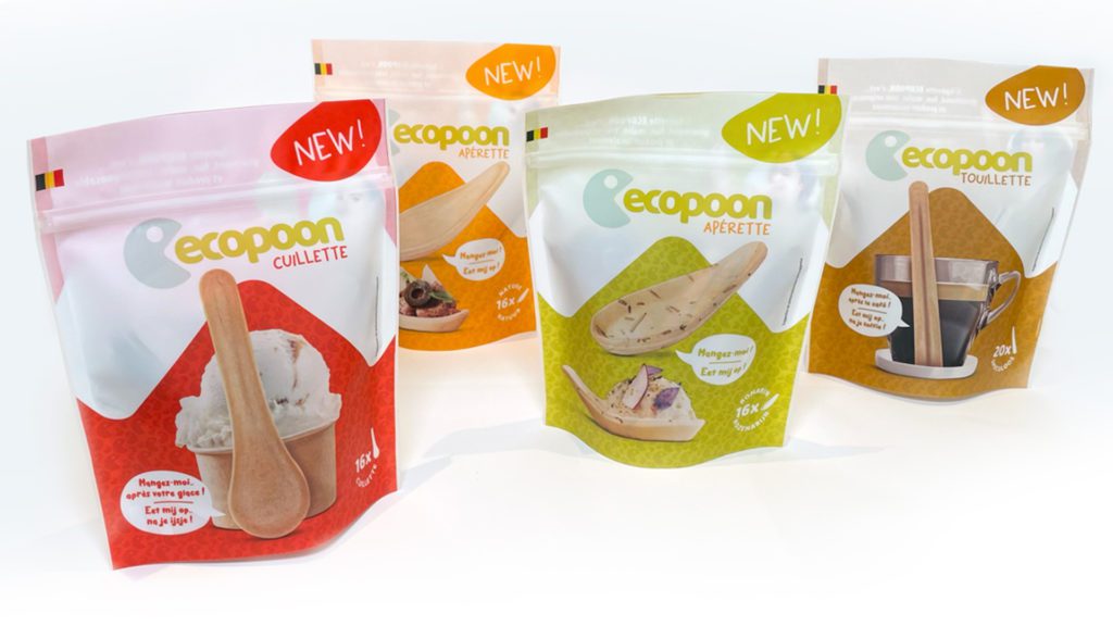 Packaging Ecopoon avec logo Pac-Man stylisé et couleurs distinctives par gamme